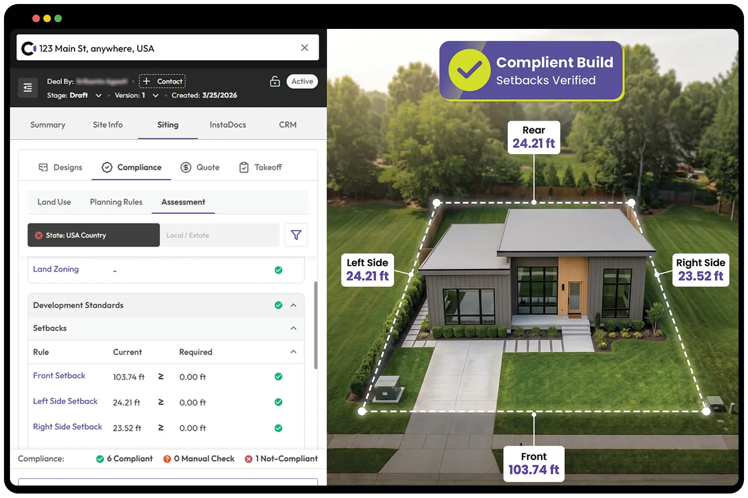 Canibuild site assessment interface showing a home placed on a lot with verified setback measurements and compliance status